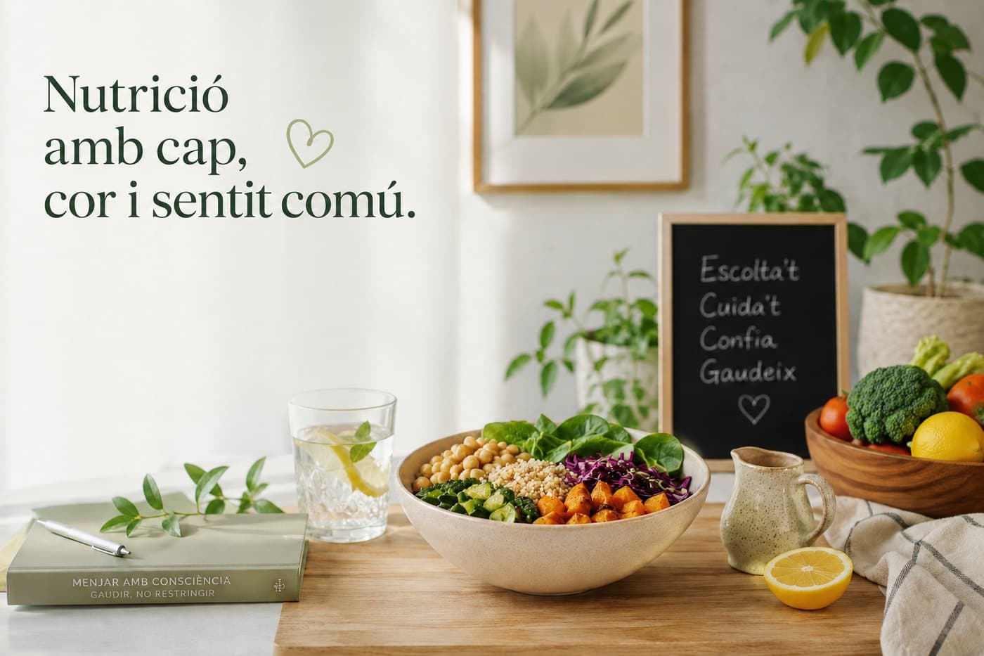 Nutrició amb cap, cor i sentit comú — bol saludable amb llegums, verdures i fruita fresca amb una pissarra: Escolta't, Cuida't, Confia, Gaudeix